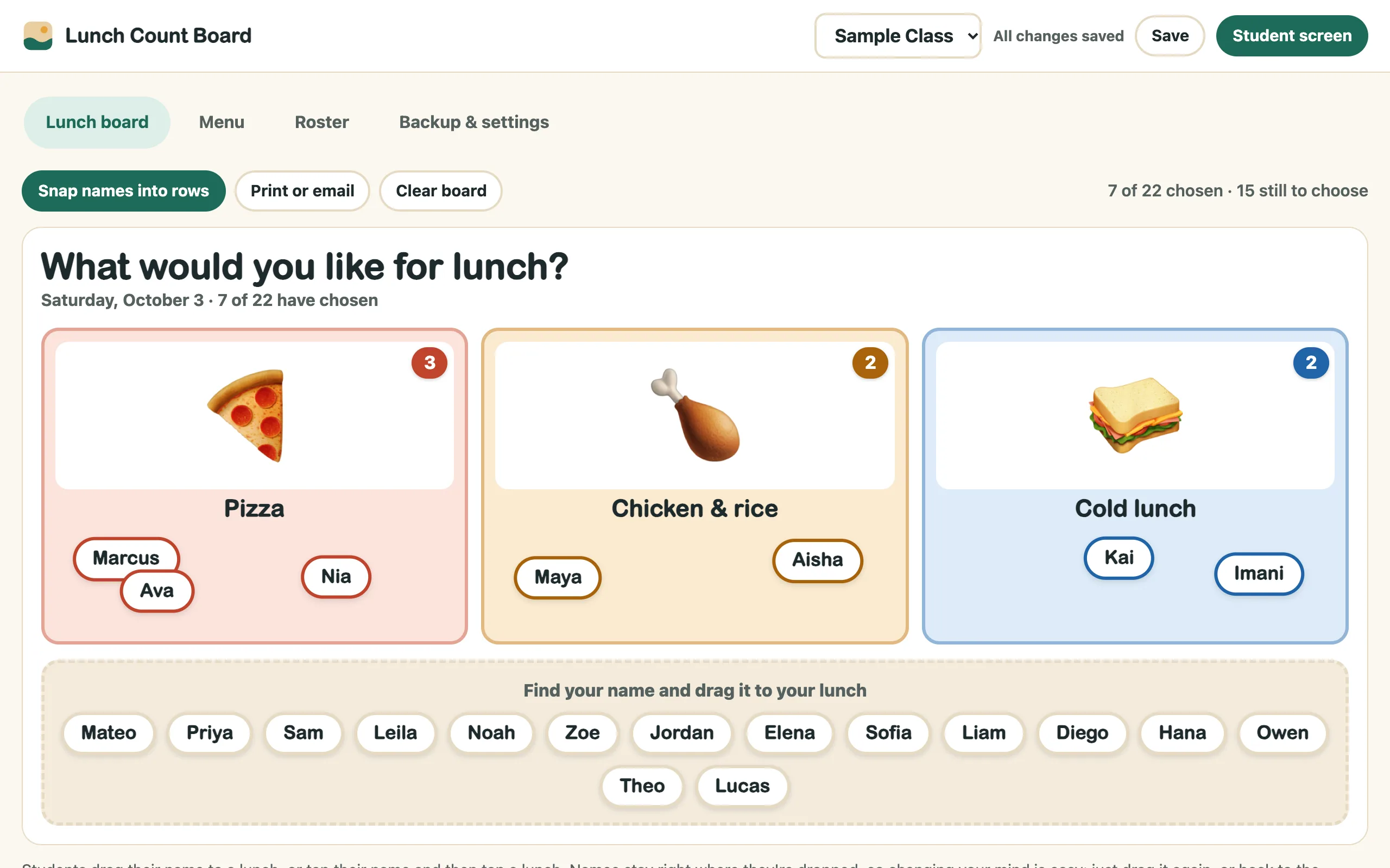 Teacher view of the lunch board with controls