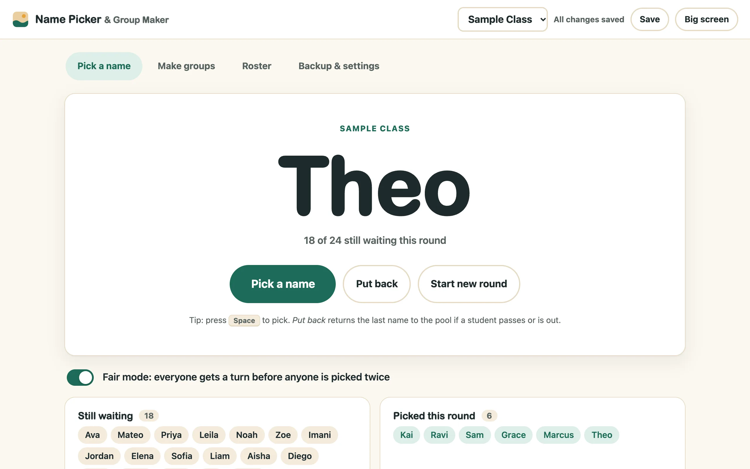Name Picker showing a picked name, with lists of students still waiting and picked this round