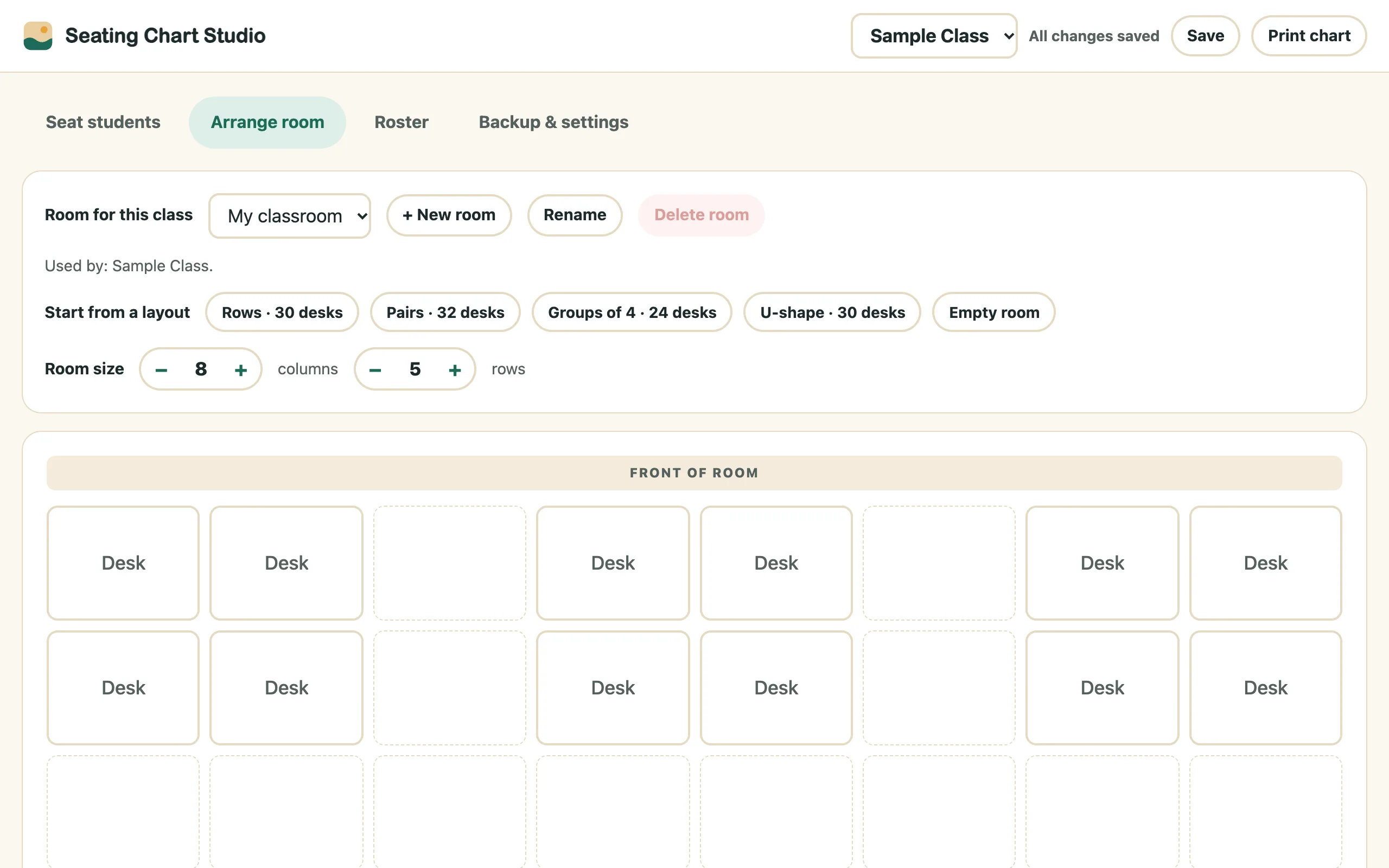 Arrange room tab with layout buttons and room size controls