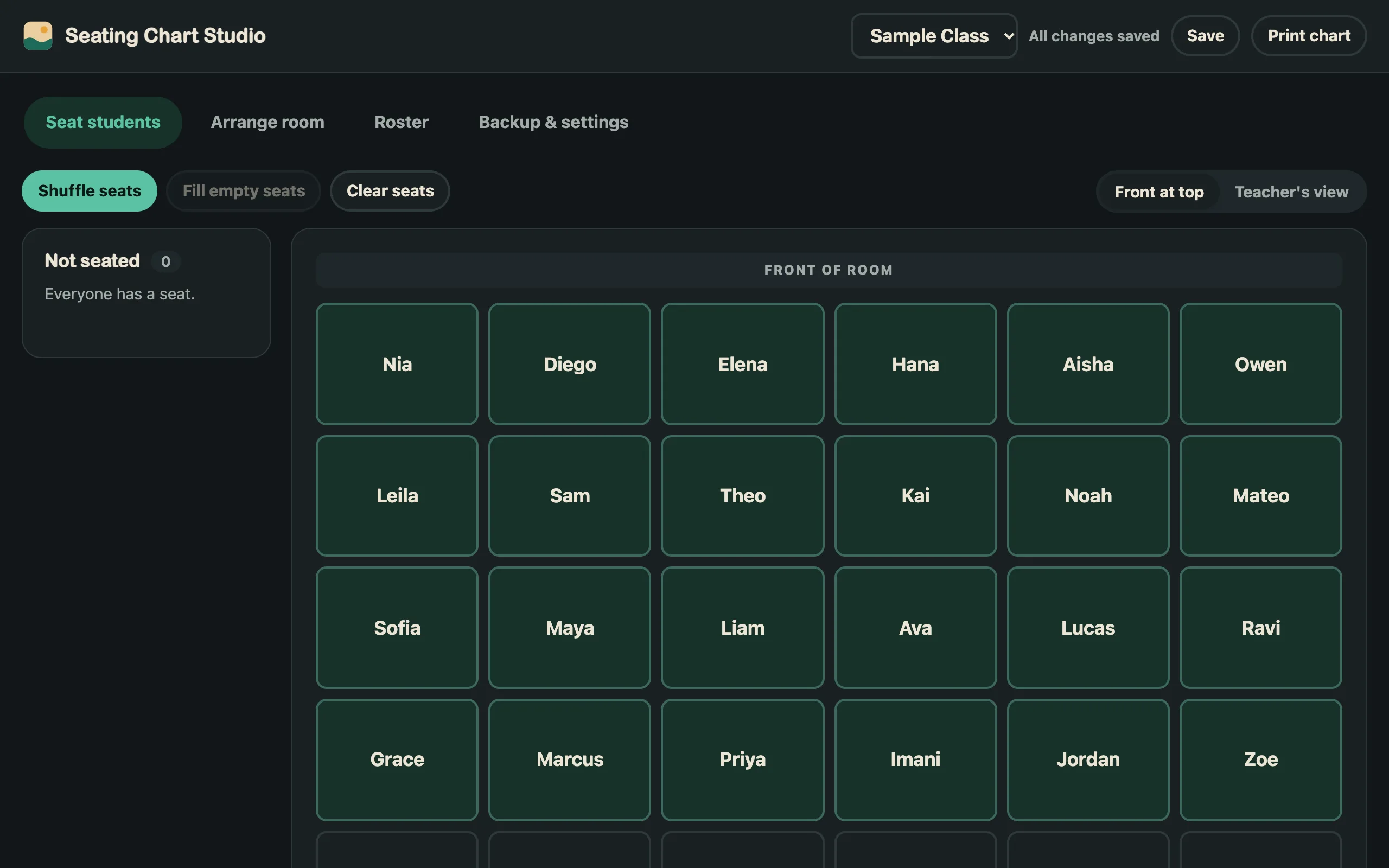 Seating chart in rows, shown in dark mode