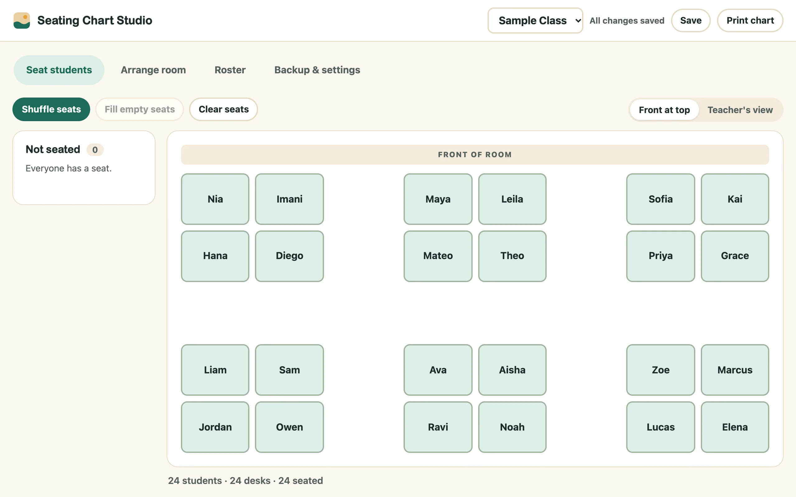 Seating chart with desks in groups of four, every student seated